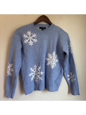 Calligraphie Beaded Pearl Snowflake Crewneck Knit Sweater Heather Light Blue S